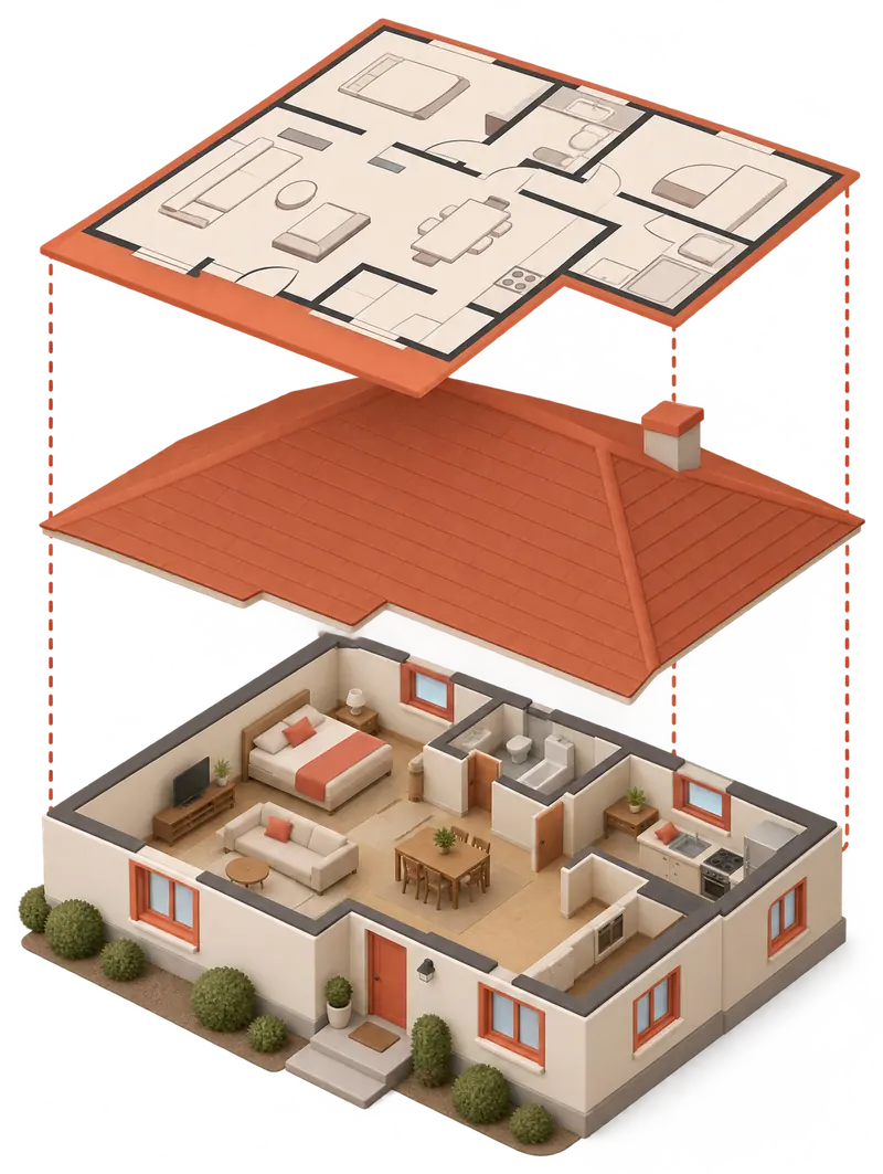 Illustration: a house model separates into its roof and a flat floor plan.