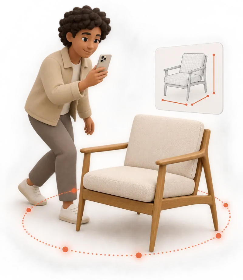 Illustration: a person points an iPhone at an armchair to scan it.