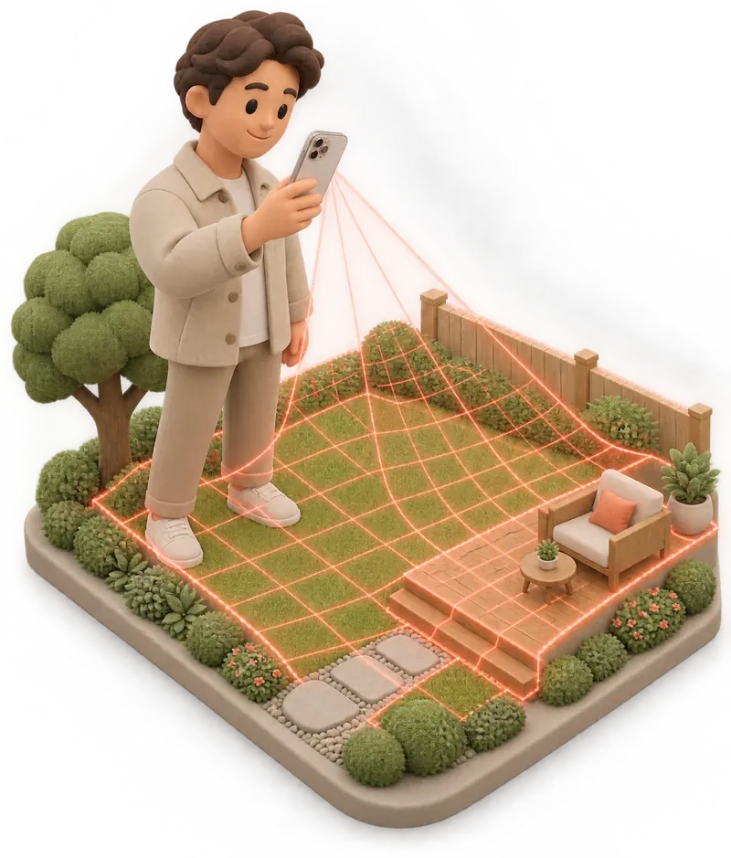 Illustration: a person walks a backyard while a coral scan grid maps the lawn and deck.