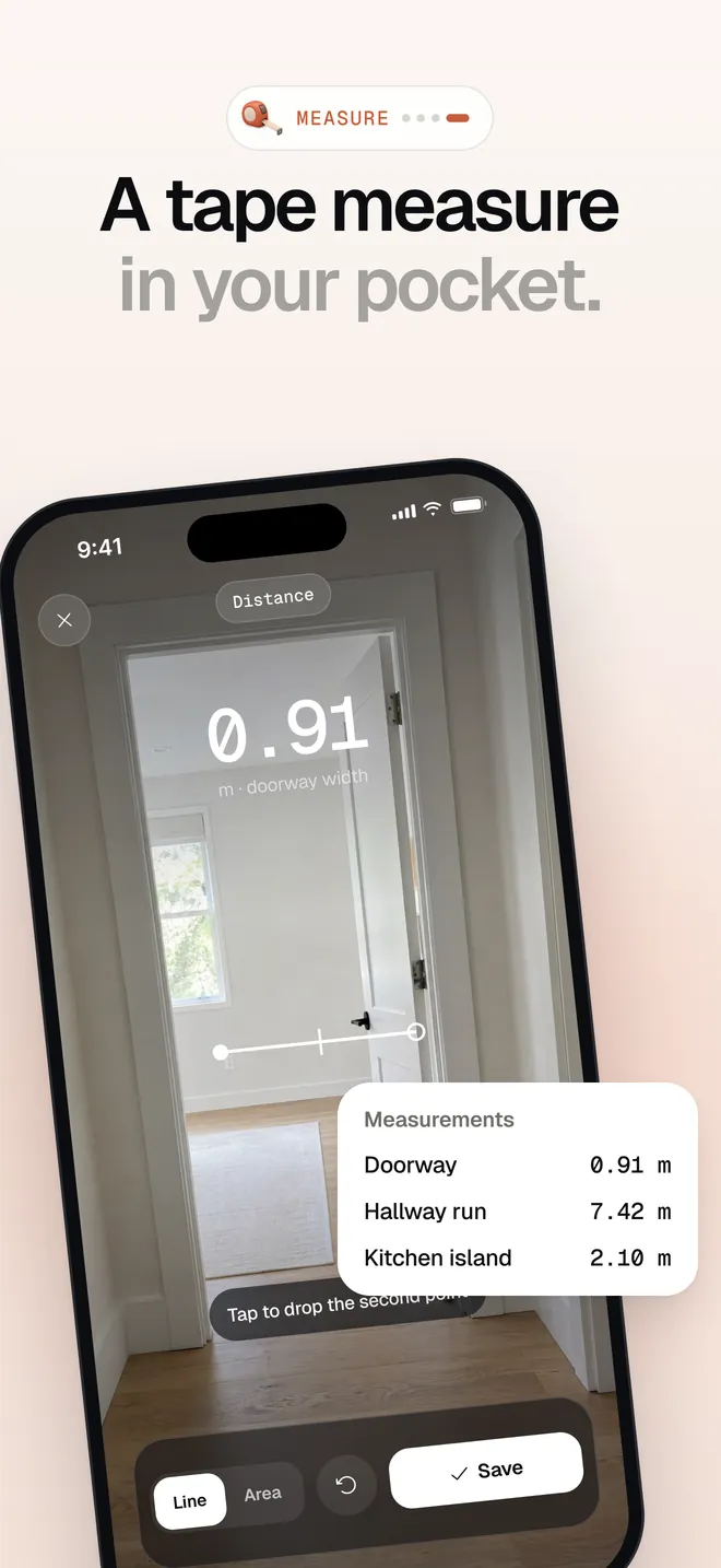 Scannr App Store screenshot: AR tape measure reading 0.91 metres across a doorway, with saved measurements.