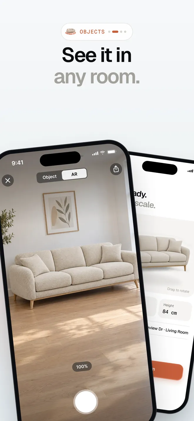 Scannr App Store screenshot: a scanned couch placed in a room in AR with Apple Quick Look.