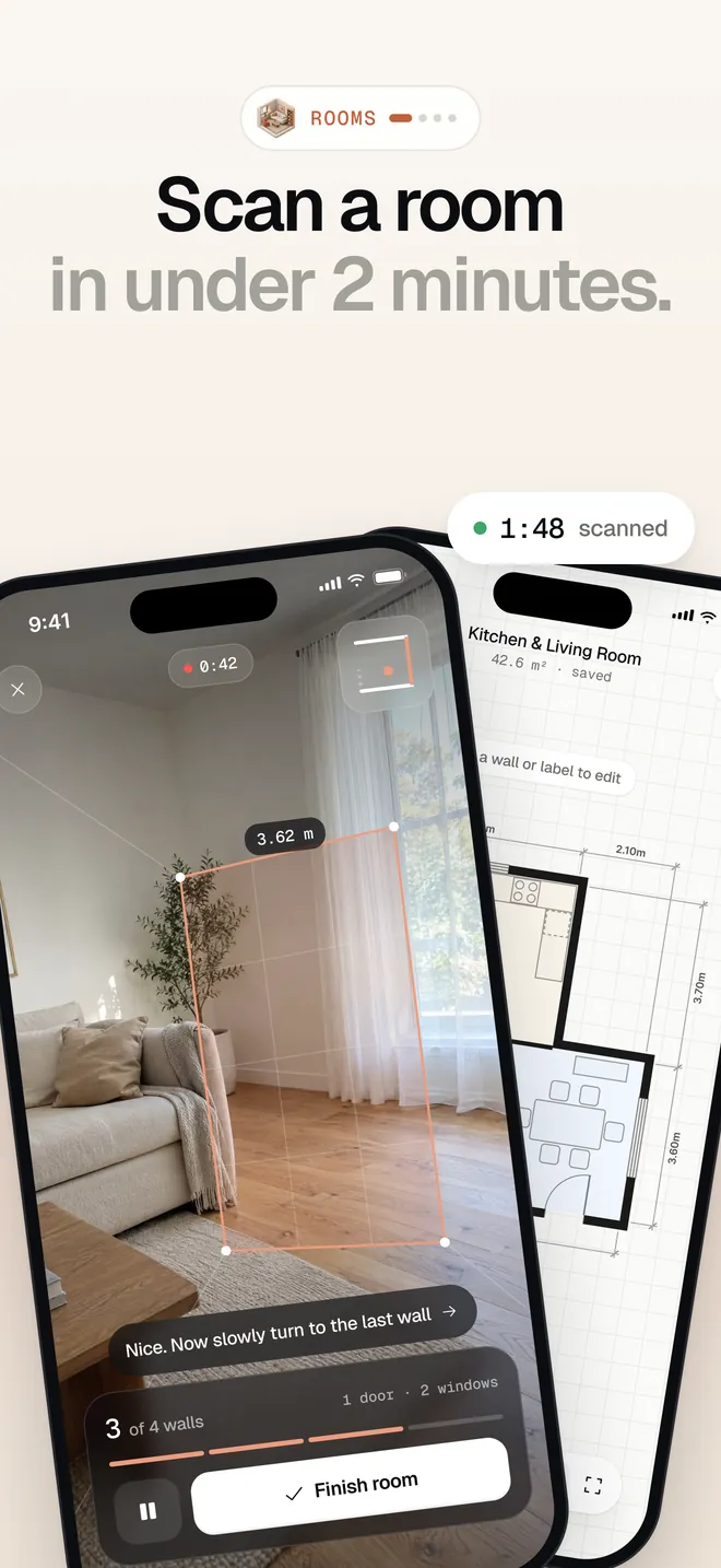 Scannr App Store screenshot: scanning a living room on iPhone while the floor plan draws itself, 1:48 elapsed.