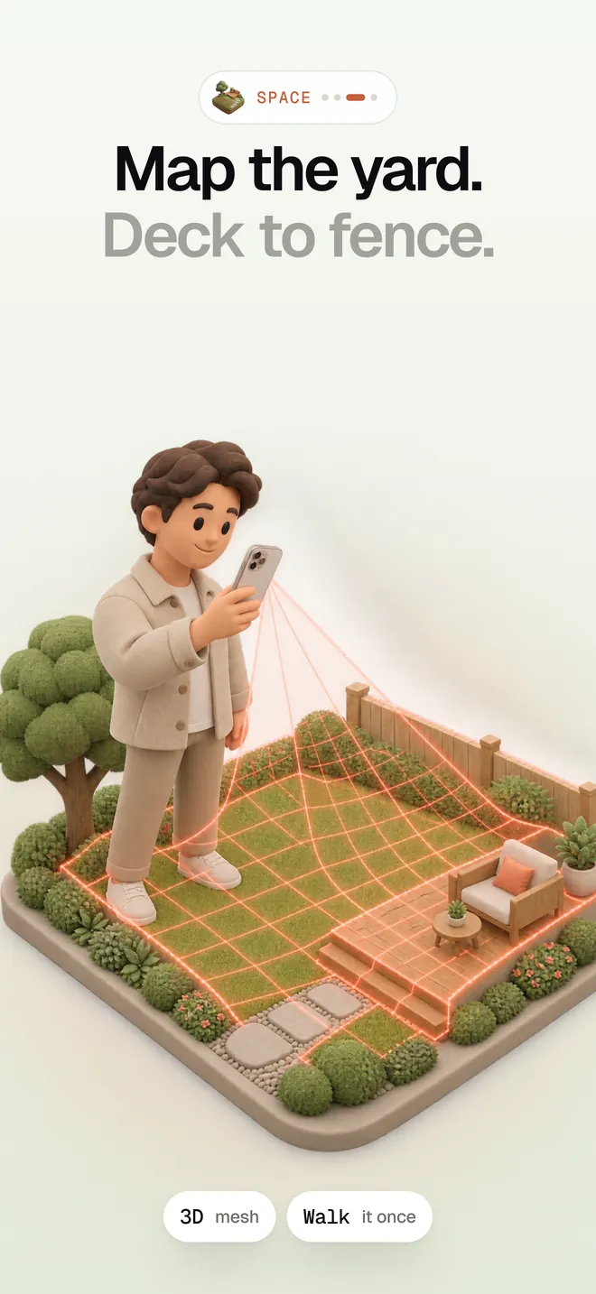 Scannr App Store screenshot: a backyard with deck and lawn mapped as a 3D mesh.